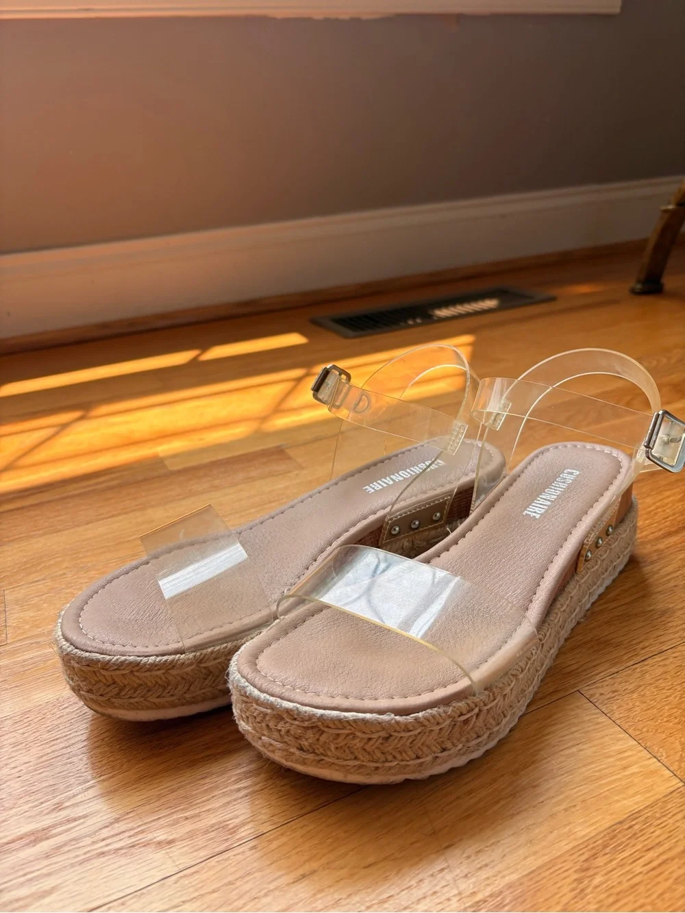 Clear Strap Espadrille Platform Sandals in Beige by SUNSHINE